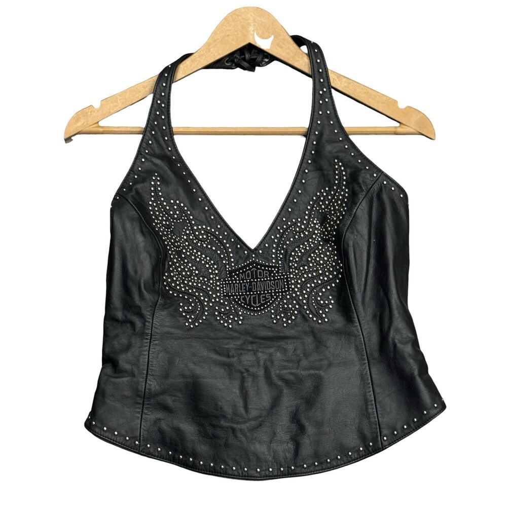 Harley Davidson Black Leather Silver Studded y2k Size Small Halter Top